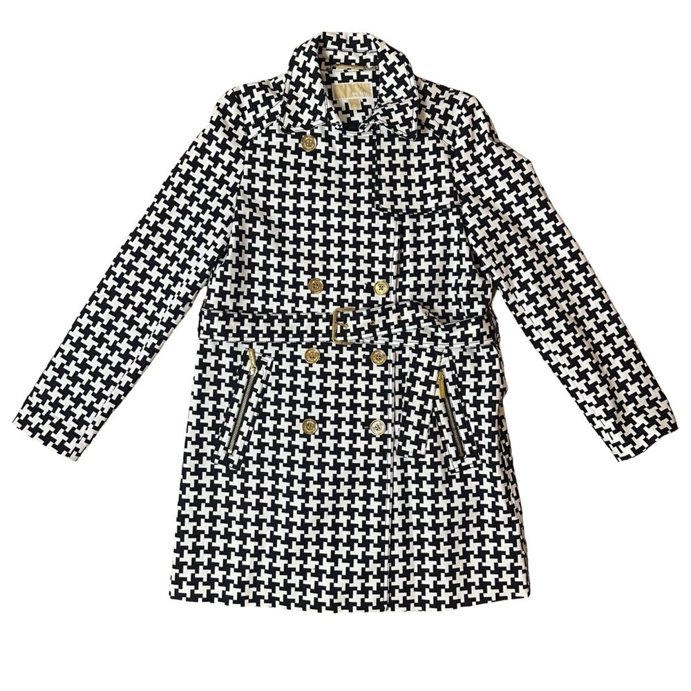 Michael Michael Kors Black and White Houndstooth Belted Trench Coat